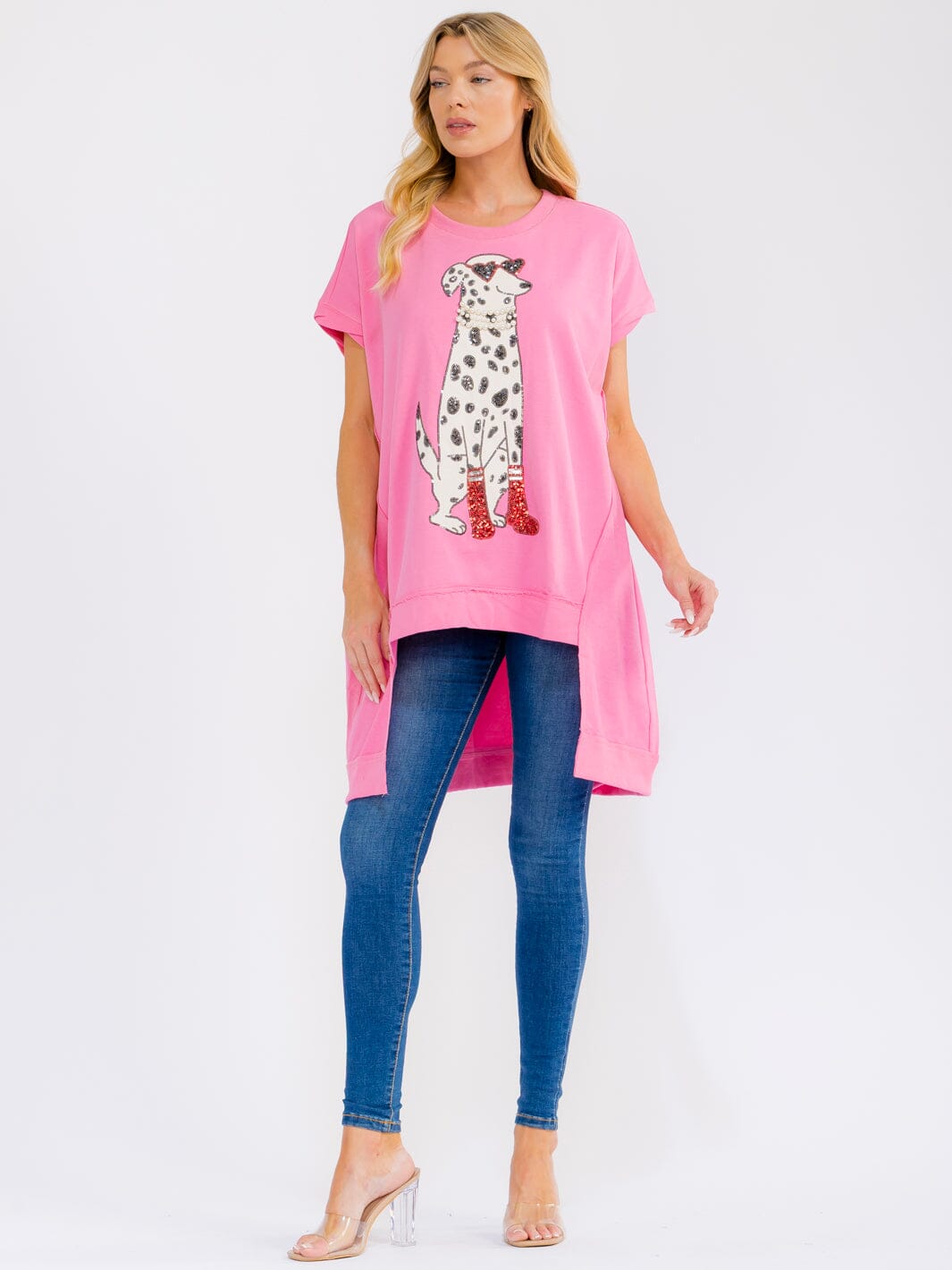 WOMEN'S SHORT SLEEVE SEQUINS GRAPHIC HIGH-LOW OVERSIZED TOP