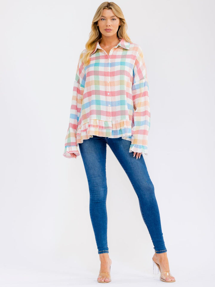 WOMEN'S LONG SLEEVE BUTTON UP MULTI COLOR PLAID TOP