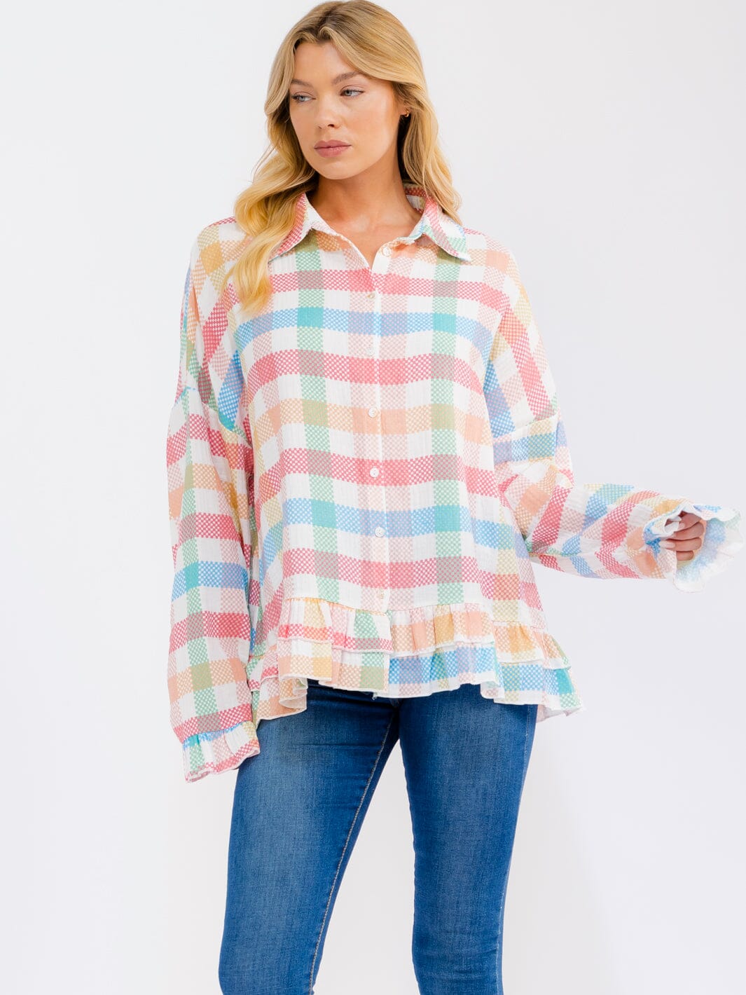 WOMEN'S LONG SLEEVE BUTTON UP MULTI COLOR PLAID TOP