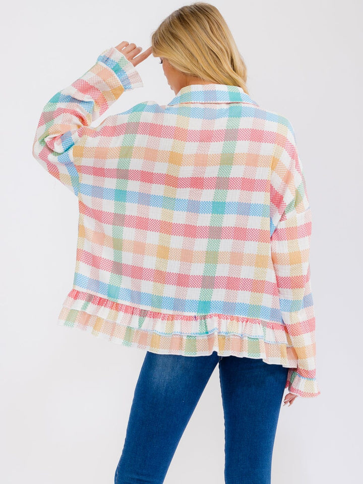 WOMEN'S LONG SLEEVE BUTTON UP MULTI COLOR PLAID TOP