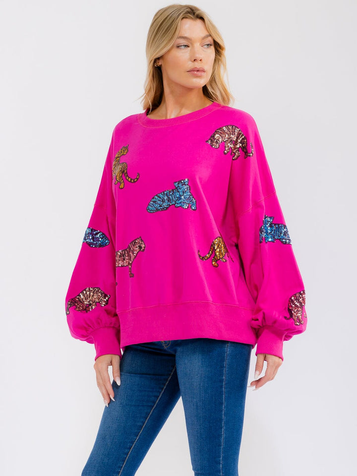WOMEN'S LONG BALLON SLEEVE SEQUINS GRAPHIC PULLOVER SWEATER