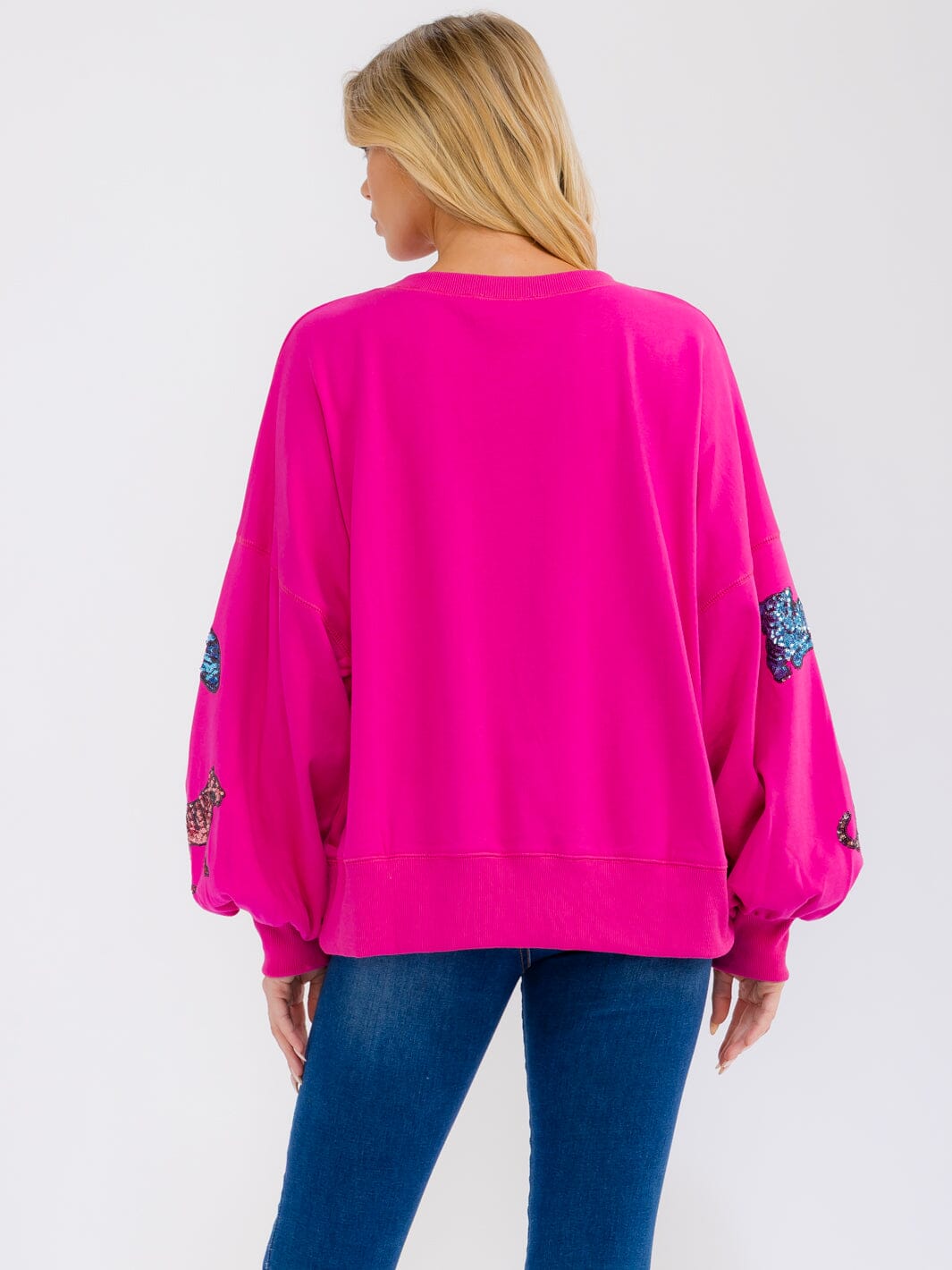 WOMEN'S LONG BALLON SLEEVE SEQUINS GRAPHIC PULLOVER SWEATER
