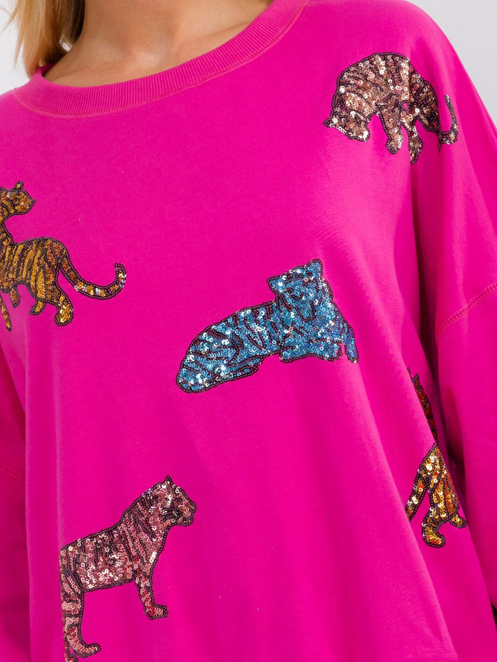 WOMEN'S LONG BALLON SLEEVE SEQUINS GRAPHIC PULLOVER SWEATER