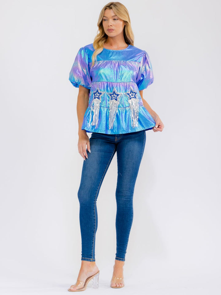 WOMEN'S SHORT PUFF SLEEVE TIERED METALLIC BLOUSE