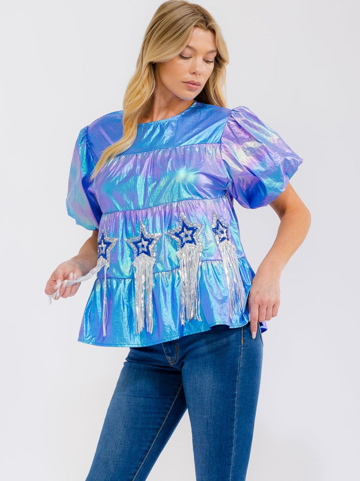 WOMEN'S SHORT PUFF SLEEVE TIERED METALLIC BLOUSE