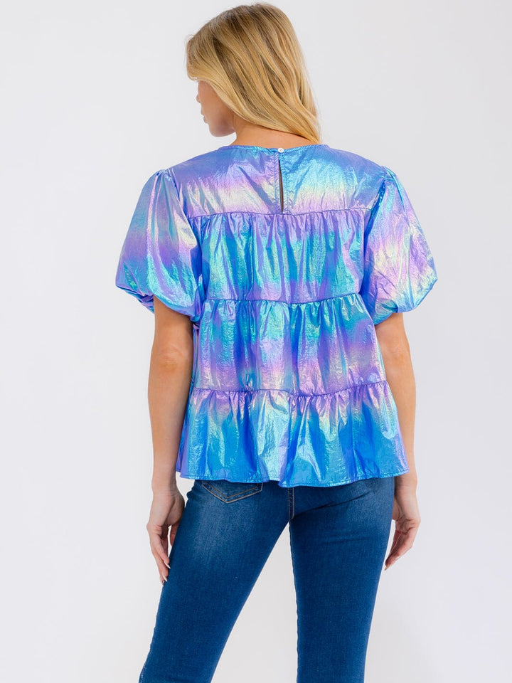 WOMEN'S SHORT PUFF SLEEVE TIERED METALLIC BLOUSE