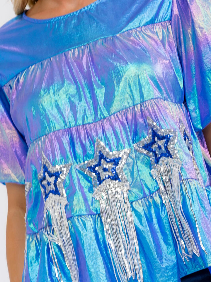 WOMEN'S SHORT PUFF SLEEVE TIERED METALLIC BLOUSE