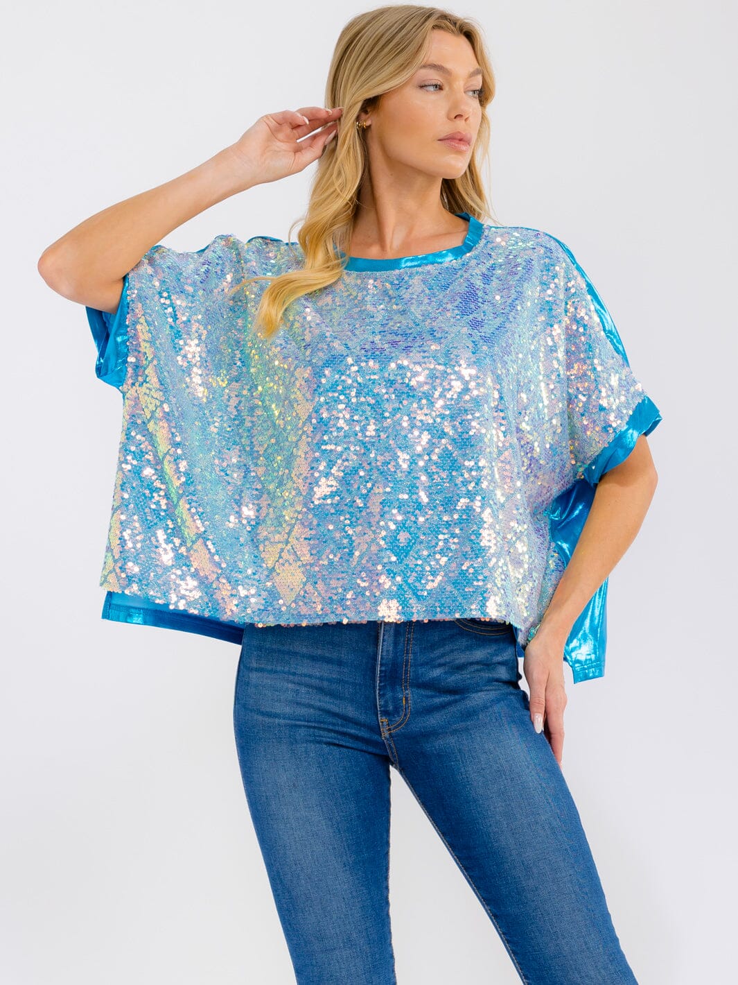WOMEN'S SHORT SLEEVE SEQUINS METALLIC OVERSIZED TOP