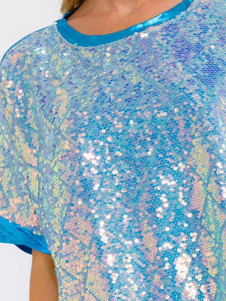 WOMEN'S SHORT SLEEVE SEQUINS METALLIC OVERSIZED TOP