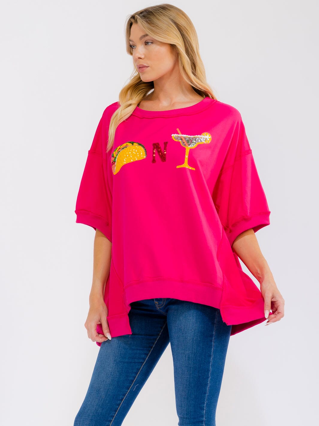 WOMEN'S SHORT SLEEVE MULTI PRINT HIGH-LOW OVERSIZED SHIRT