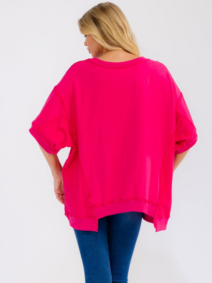 WOMEN'S SHORT SLEEVE MULTI PRINT HIGH-LOW OVERSIZED SHIRT