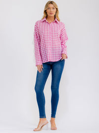 WOMEN'S LONG SLEEVE BUTTON UP RUFFLE TRIM PLAID TOP