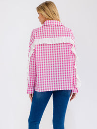WOMEN'S LONG SLEEVE BUTTON UP RUFFLE TRIM PLAID TOP