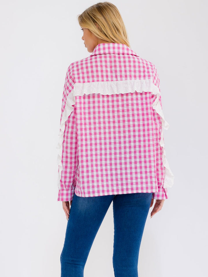 WOMEN'S LONG SLEEVE BUTTON UP RUFFLE TRIM PLAID TOP