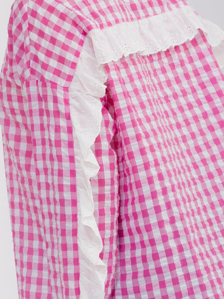 WOMEN'S LONG SLEEVE BUTTON UP RUFFLE TRIM PLAID TOP