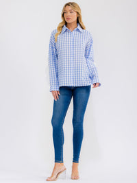 WOMEN'S LONG SLEEVE BUTTON UP RUFFLE TRIM PLAID TOP