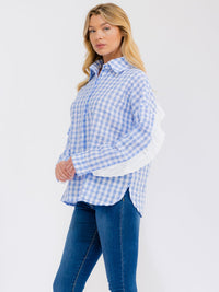 WOMEN'S LONG SLEEVE BUTTON UP RUFFLE TRIM PLAID TOP