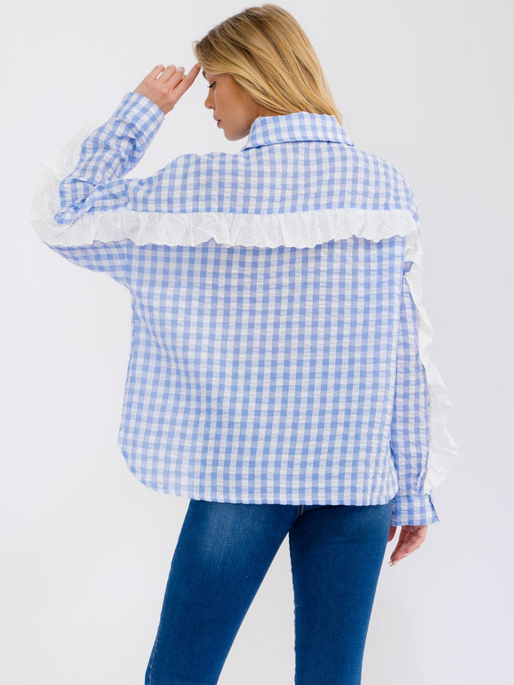 WOMEN'S LONG SLEEVE BUTTON UP RUFFLE TRIM PLAID TOP