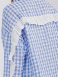 WOMEN'S LONG SLEEVE BUTTON UP RUFFLE TRIM PLAID TOP