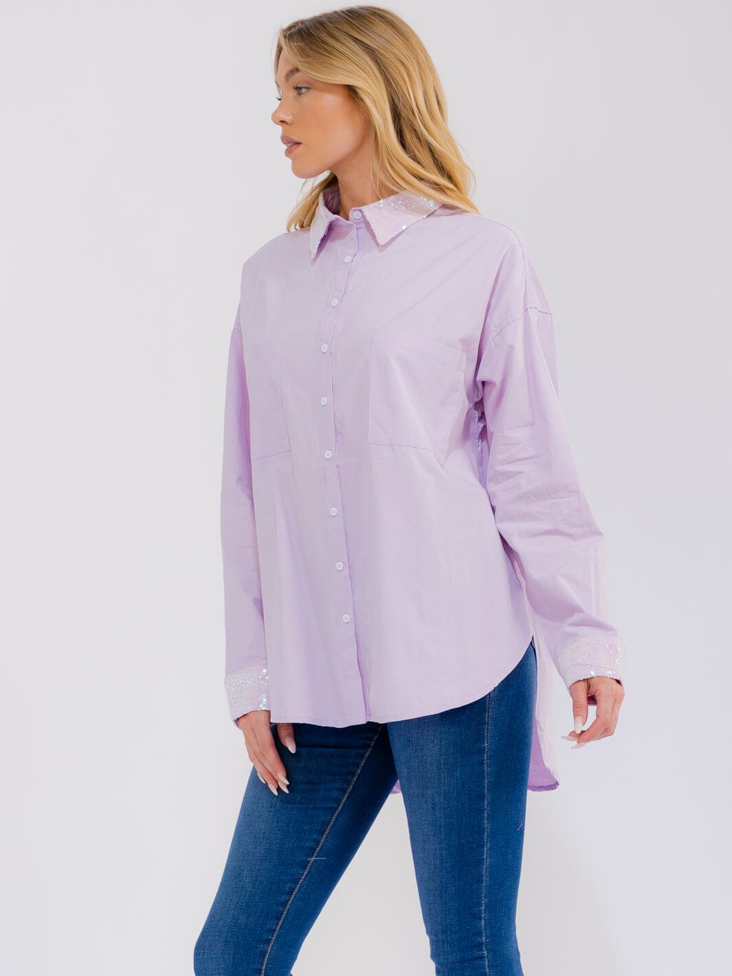 WOMEN'S LONG SLEEVE BUTTON UP BACK SEQUINS PRINT HIGH-LOW SHIRT