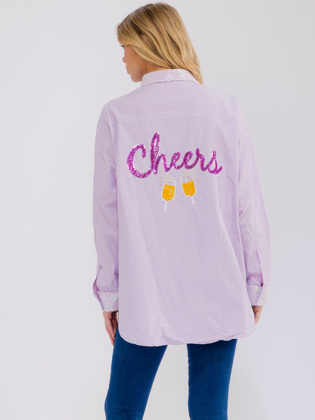 WOMEN'S LONG SLEEVE BUTTON UP BACK SEQUINS PRINT HIGH-LOW SHIRT