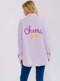 WOMEN'S LONG SLEEVE BUTTON UP BACK SEQUINS PRINT HIGH-LOW SHIRT