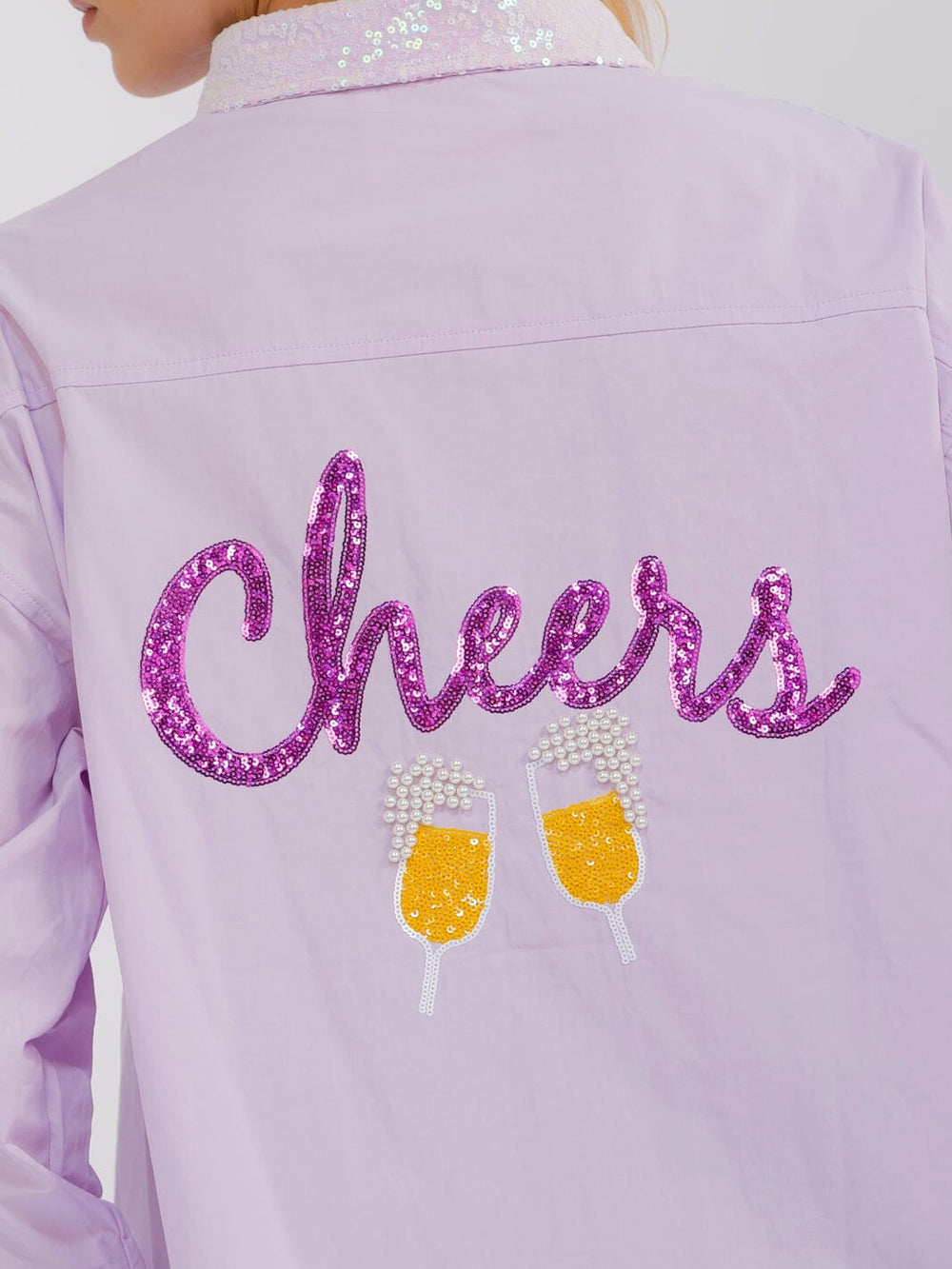 WOMEN'S LONG SLEEVE BUTTON UP BACK SEQUINS PRINT HIGH-LOW SHIRT