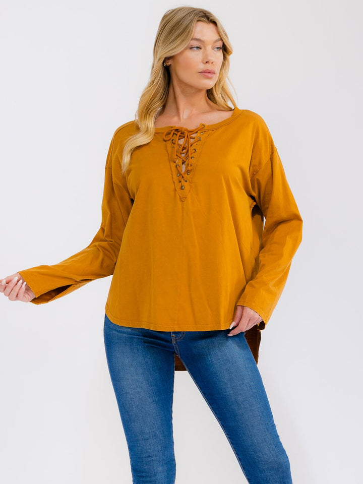 WOMEN'S LONG SLEEVE LACE UP DETAILED HIGH-LOW TOP