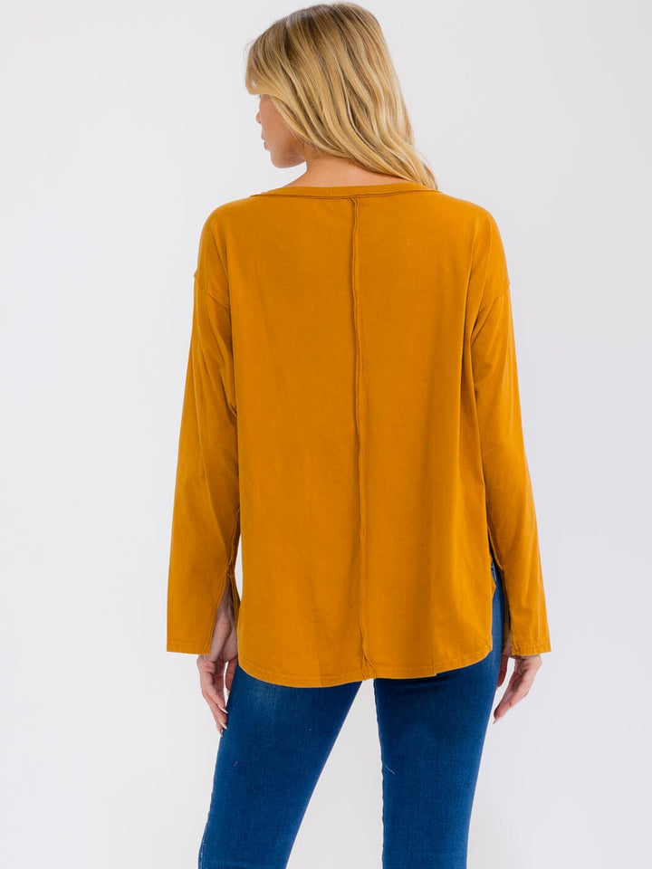 WOMEN'S LONG SLEEVE LACE UP DETAILED HIGH-LOW TOP