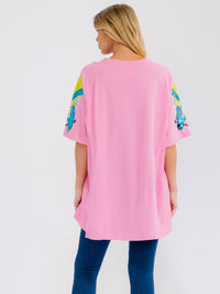 WOMEN'S SHORT SLEEVE SEQUINS HIGH-LOW OVERSIZED SHIRT