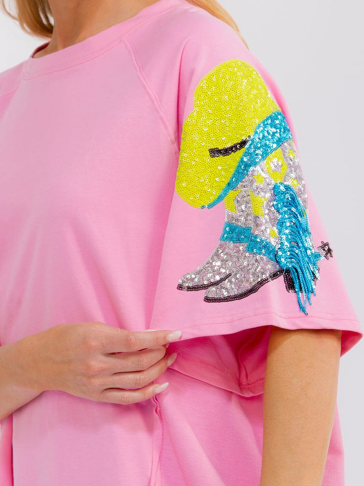 WOMEN'S SHORT SLEEVE SEQUINS HIGH-LOW OVERSIZED SHIRT
