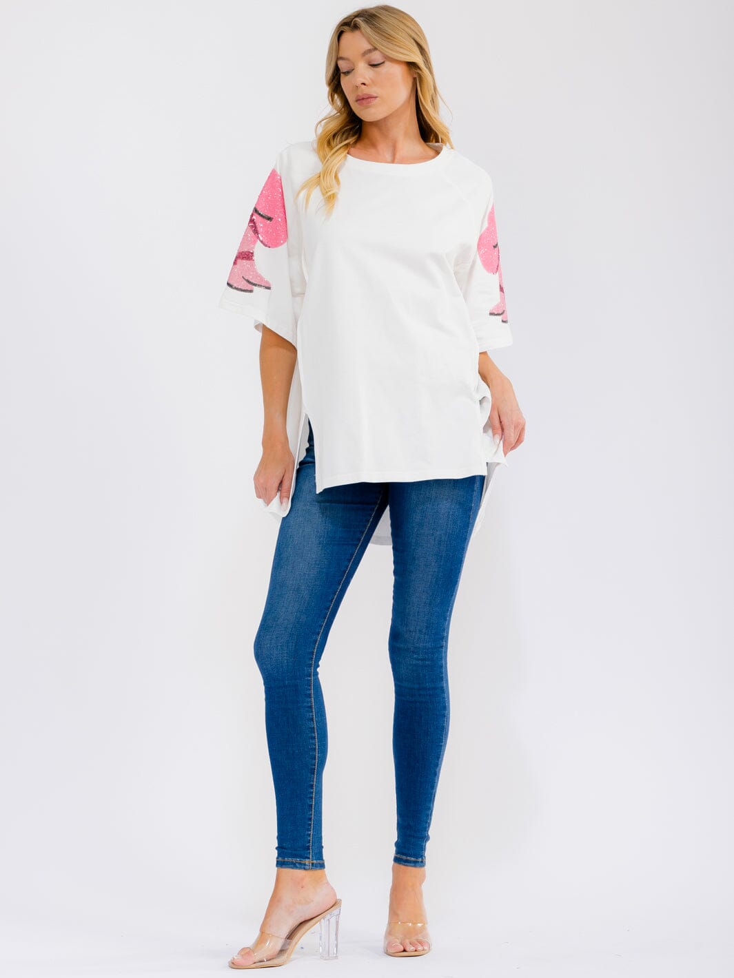 WOMEN'S SHORT SLEEVE SEQUINS HIGH-LOW OVERSIZED SHIRT