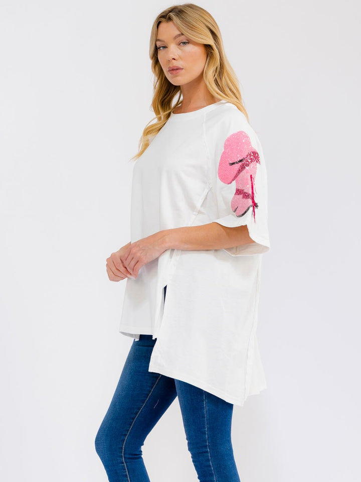 WOMEN'S SHORT SLEEVE SEQUINS HIGH-LOW OVERSIZED SHIRT