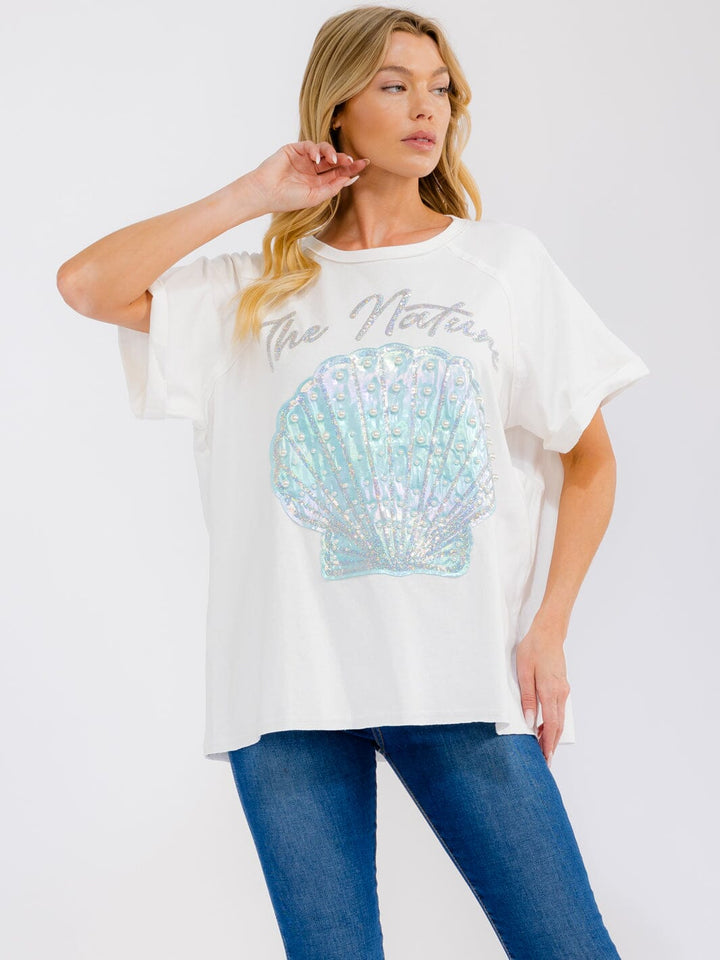 WOMEN'S SHORT SLEEVE SEQUINS GRAPHIC OVERSIZED SHIRT