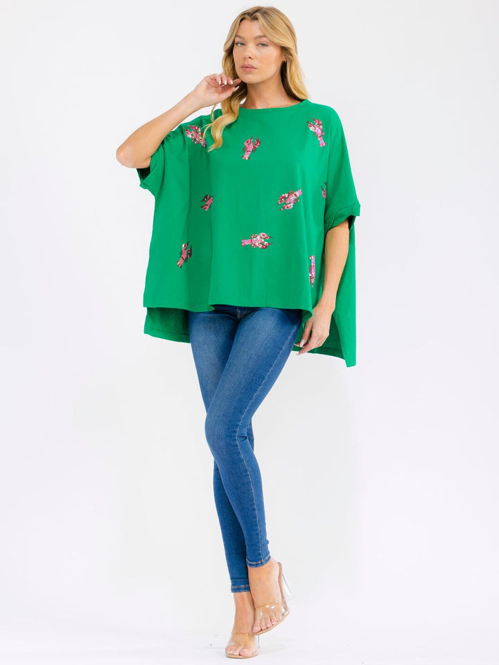 WOMEN'S SHORT SLEEVE SEQUINS GRAPGIC HIGH-LOW OVERSIZED SHIRT