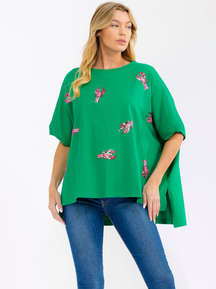 WOMEN'S SHORT SLEEVE SEQUINS GRAPGIC HIGH-LOW OVERSIZED SHIRT