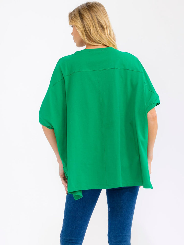 WOMEN'S SHORT SLEEVE SEQUINS GRAPGIC HIGH-LOW OVERSIZED SHIRT