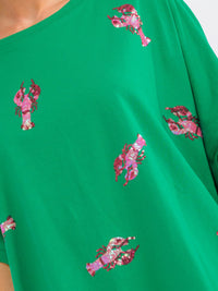 WOMEN'S SHORT SLEEVE SEQUINS GRAPGIC HIGH-LOW OVERSIZED SHIRT