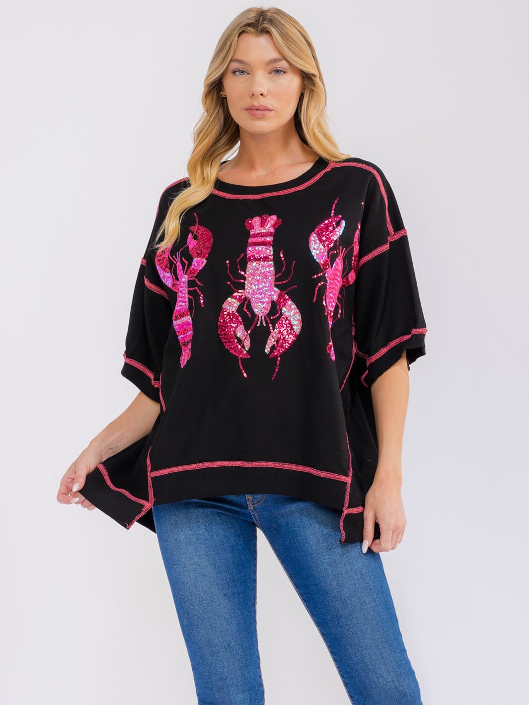 WOMEN'S SHORT SLEEVE SEQUINS GRAPHIC HIGH-LOW OVERSIZED SHIRT