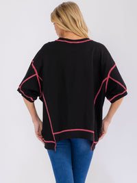 WOMEN'S SHORT SLEEVE SEQUINS GRAPHIC HIGH-LOW OVERSIZED SHIRT