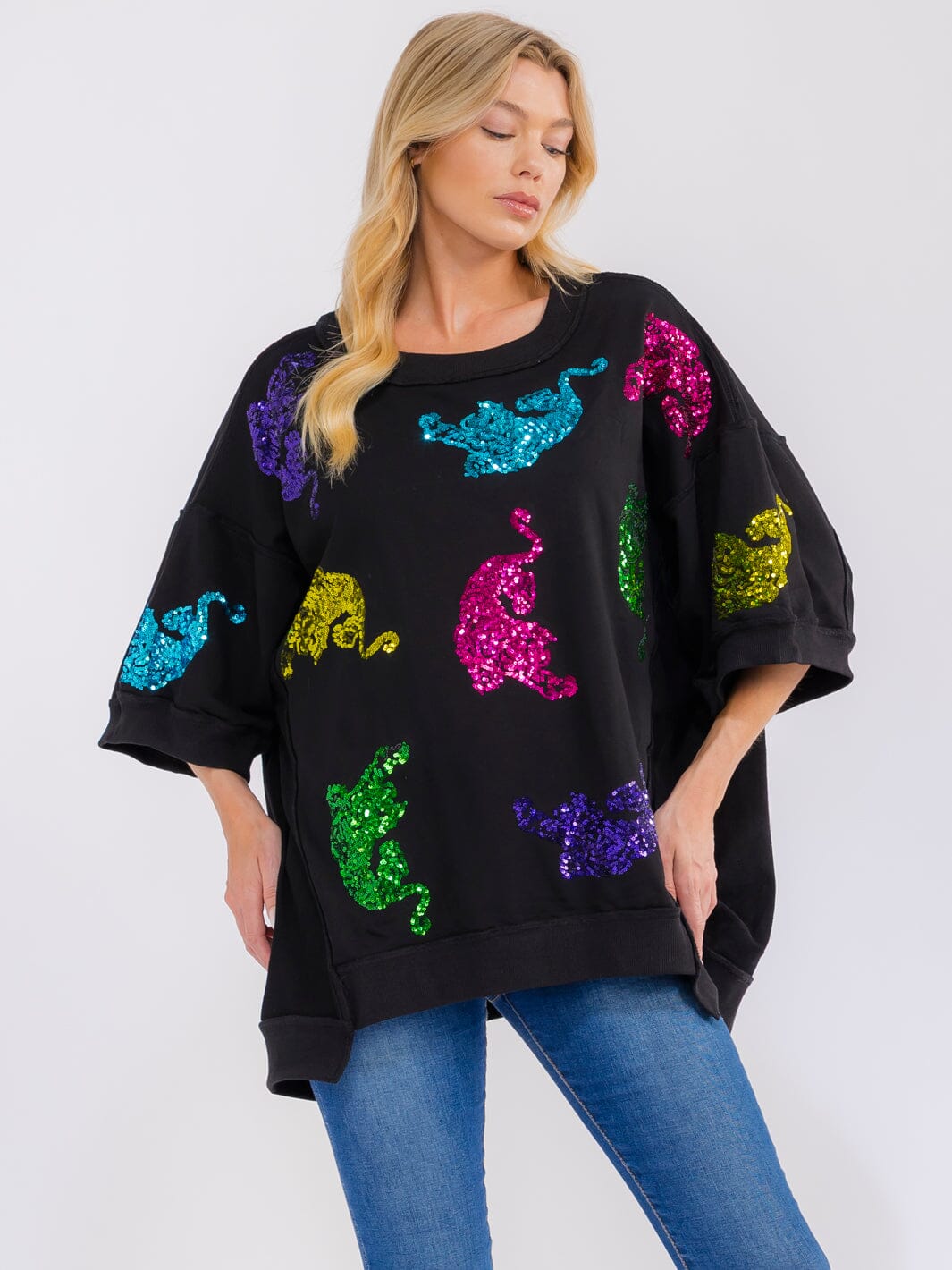 WOMEN'S SHORT SLEEVE SEQUINS GRAPHIC HIGH-LOW OVERSIZED SHIRT