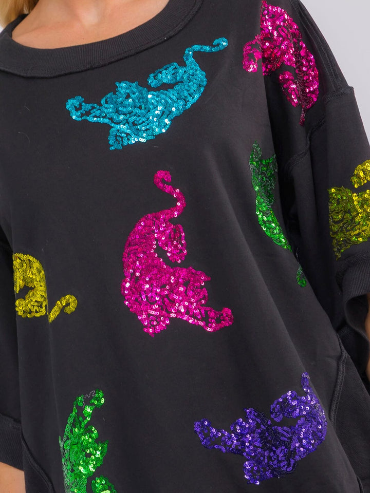 WOMEN'S SHORT SLEEVE SEQUINS GRAPHIC HIGH-LOW OVERSIZED SHIRT