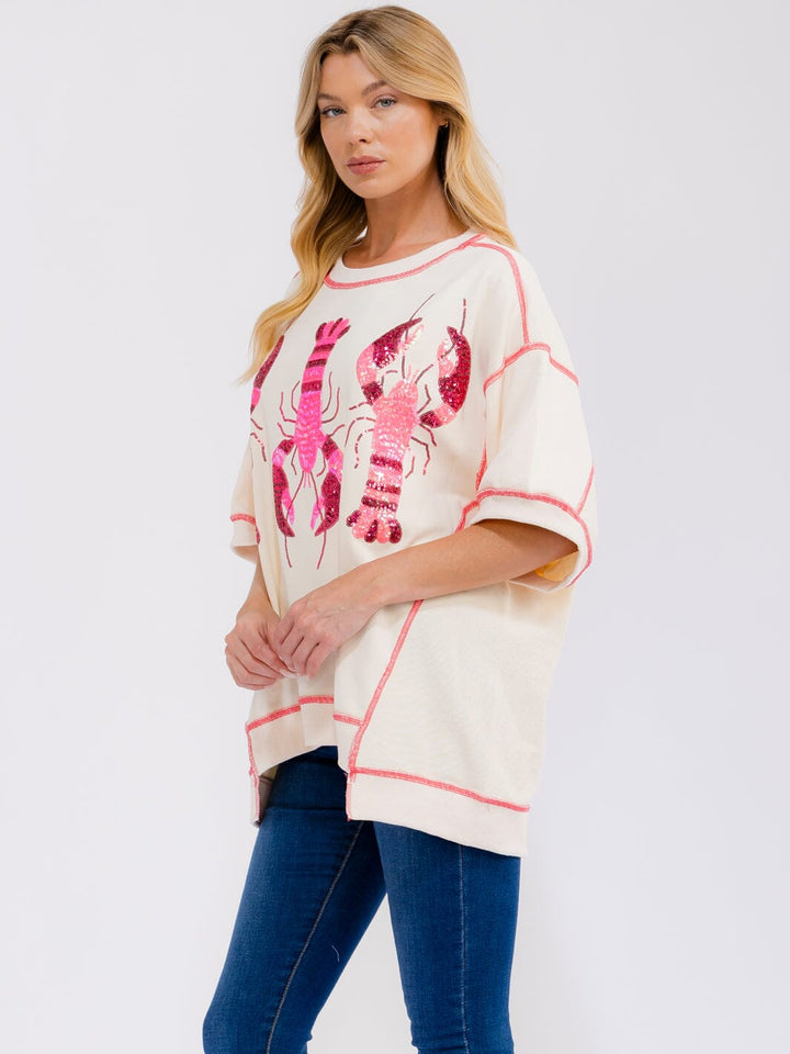 WOMEN'S SHORT SLEEVE SEQUINS GRAPHIC HIGH-LOW OVERSIZED SHIRT