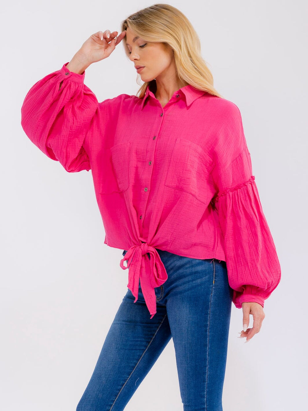 WOMEN'S LONG BALLOON SLEEVE BUTTON UP FRONT POCKETS TOP