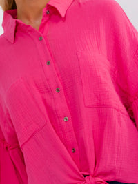 WOMEN'S LONG BALLOON SLEEVE BUTTON UP FRONT POCKETS TOP