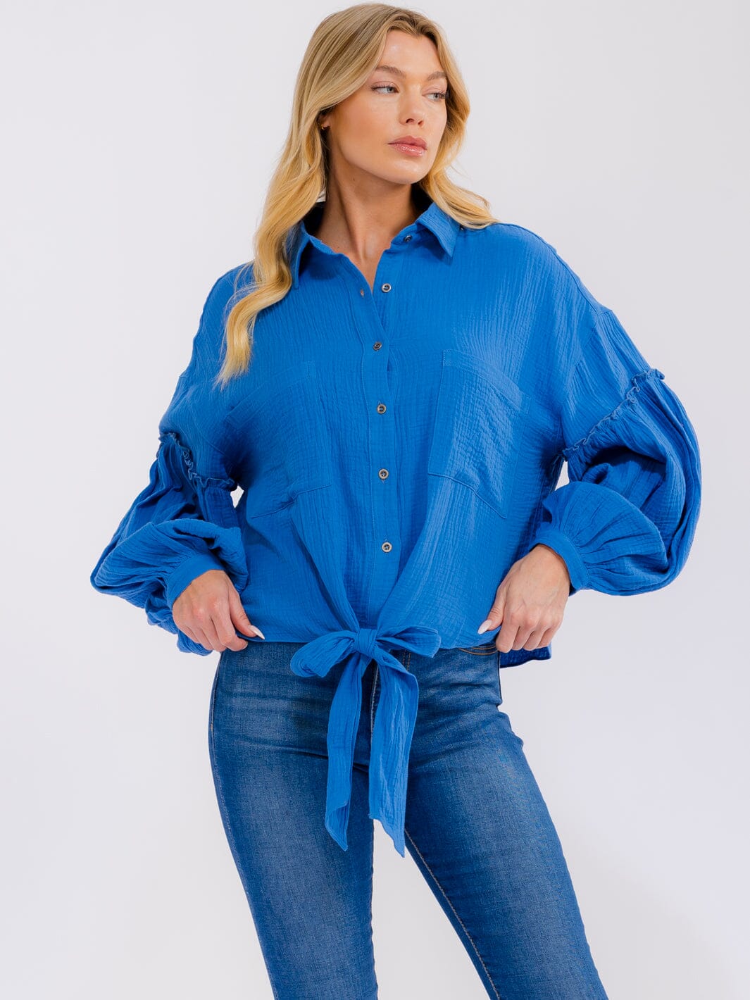 WOMEN'S LONG BALLOON SLEEVE BUTTON UP FRONT POCKETS TOP