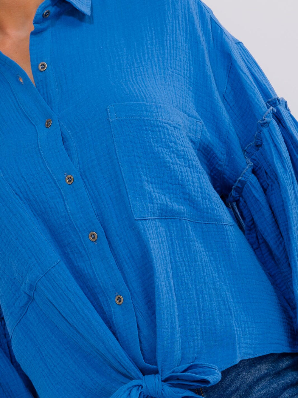 WOMEN'S LONG BALLOON SLEEVE BUTTON UP FRONT POCKETS TOP