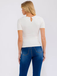 WOMEN'S SHORT SLEEVE EYELET COLLAR RIBBED BLOUSE