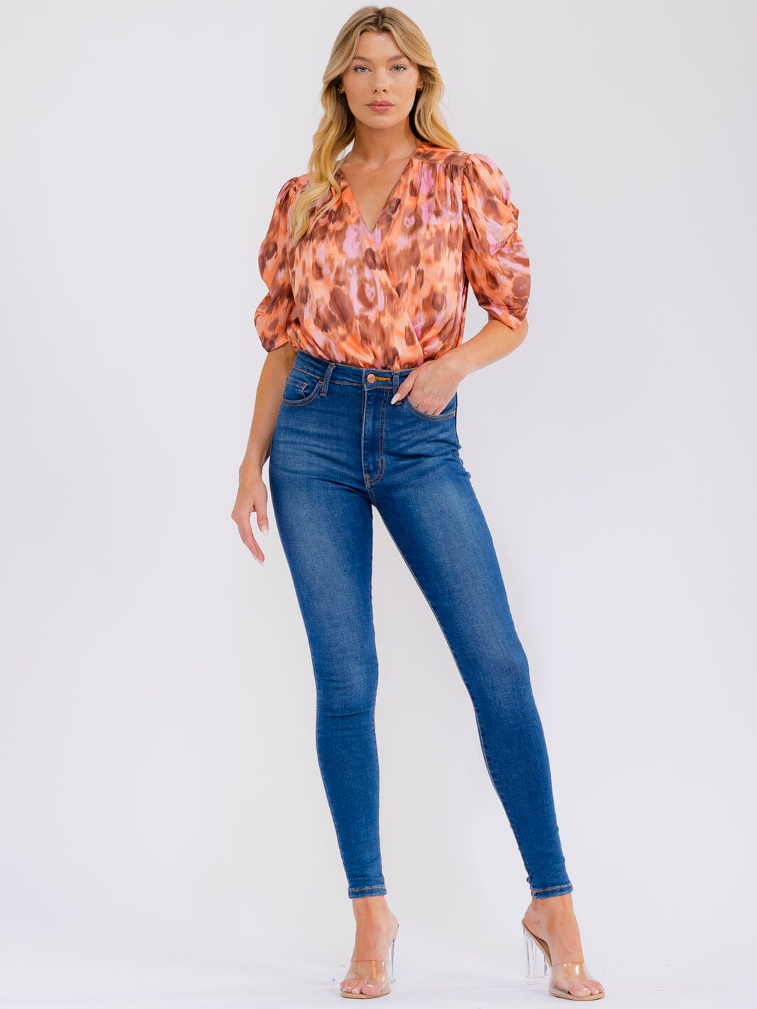 WOMEN'S SHORT RUCHED SLEEVE SURPLICE MULTI PRINT BODYSUIT