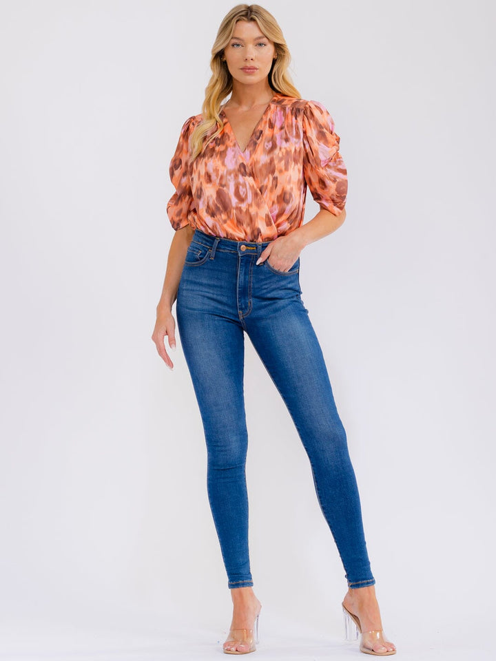 WOMEN'S SHORT RUCHED SLEEVE SURPLICE MULTI PRINT BODYSUIT